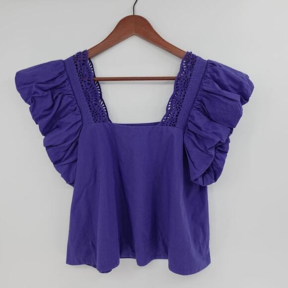 Anthropologie Tops - By Anthropologie Flutter Sleeve Blouse XS Purple Lace Cropped
